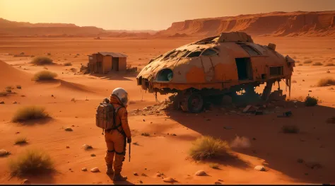 (best quality,4k,8k,highres,masterpiece:1.2),ultra-detailed,(realistic,photorealistic,photo-realistic:1.37),2 survivors (man and woman),desert, cinematic environment,standing next to a wrecked car,looking at a huge wrecked plane in the distance,red Martian soil, dry and dusty atmosphere,unforgiving Martian landscape,sun setting on the horizon, casting long shadows,wide expanse of barren land,stark and desolate surroundings,signs of decay and abandonment,heavy air of solitude and isolation,remnants of human civilization,overgrown vegetation reclaiming the land,long-abandoned buildings crumbling in the distance,dust particles floating in the air,temporary shelter made from salvaged materials,scorching sun beating down on them,weary expressions mixed with determination on their faces,worn-out clothes,tools and supplies scattered around them,survival suits protecting them from the harsh environment,distant view of a futuristic Martian city, empty and silent,profound sense of loneliness and longing,red-orange hues dominating the color palette,dramatic lighting, casting deep shadows,ailing sounds of wind blowing through the desert,echoes of silence enveloping the scene,unfathomable vastness of Mars, feeling small and insignificant in the grand scheme of things.