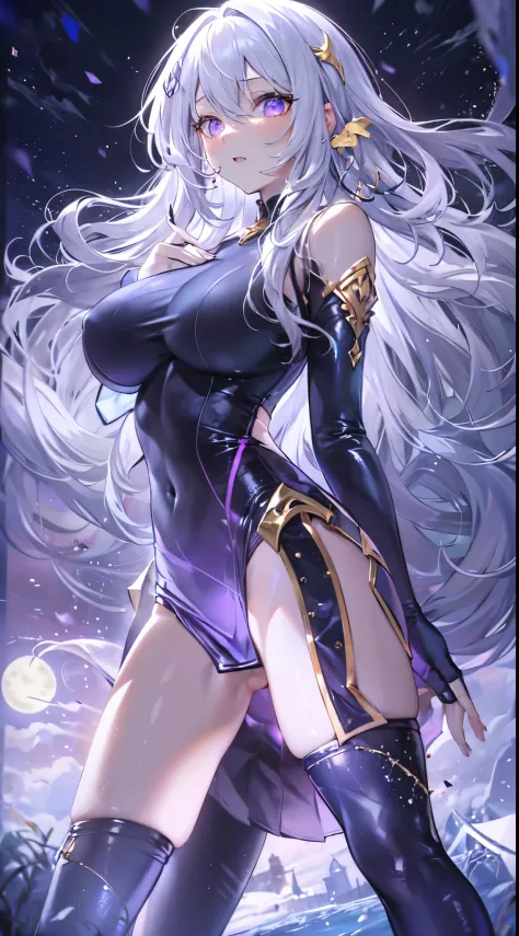 One lady,14years,((White hair) ,((())), ((Normal breasts)), (())(()),(Shiny purple bodysuit with microskirt))),,((Fantasy,Moon Night))(())