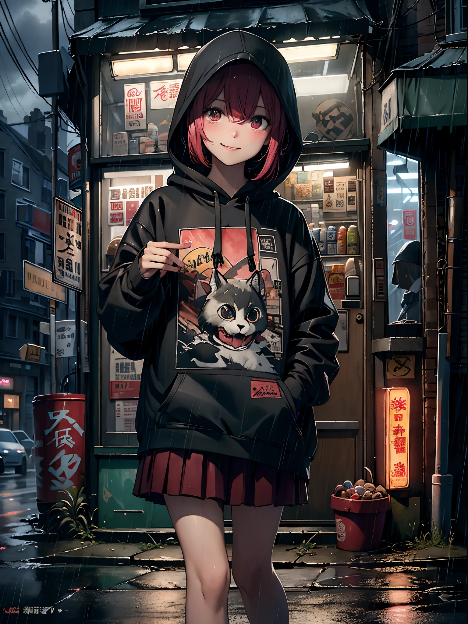 （tmasterpiece，Best quality：1.3），extremly high detail，复杂，8K，Alone，ssmile，Wallpapers，电影灯光，dark photography，hoody， Short pleated skirt， corner store，bright street lights， luring，Dark clouds，heavy rain poured， neonlight