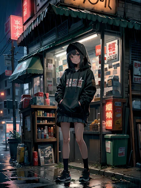 （tmasterpiece，Best quality at best：1.3），extremly high detail，复杂，8K，Alone，ssmile，Wallpapers，电影灯光，Dark photography，hoody， Short pleated skirt，Student shoes， Corner store，Bright street lights， luring，dark cloude，heavy rain poured， neonlight