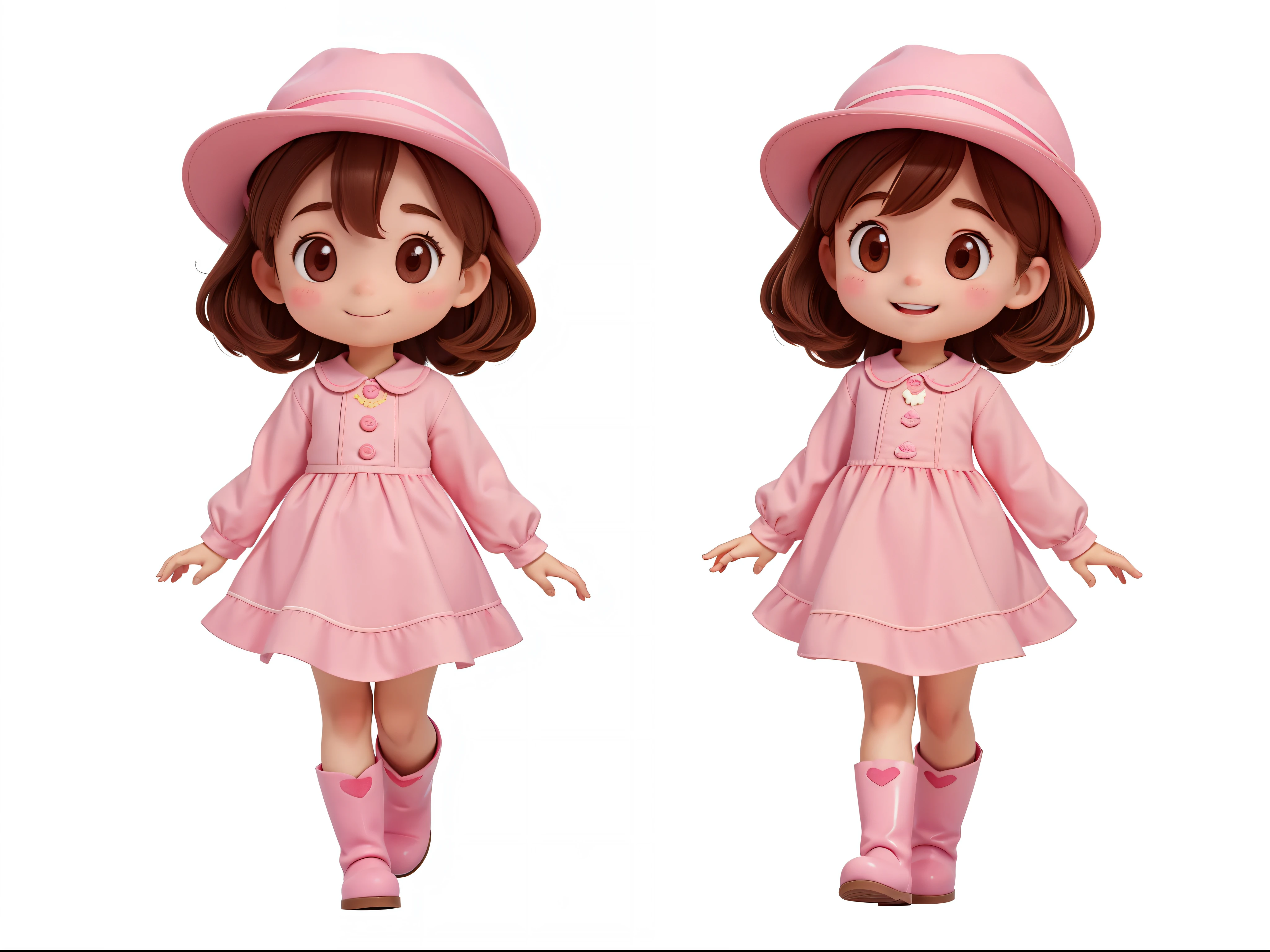 "Create 6 consecutive frames of a little girl walking, Character animation frames, Character designs are the same in every frame.  alone, Happy, brown  hair, Brown eyes, Red fluttering face, Wearing pink farm attire, A pink hat, pink boots, and white background."