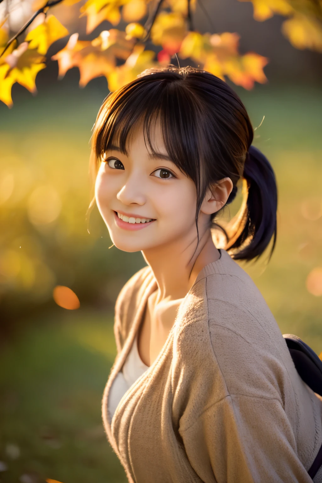 (((​masterpiece))),  (One beautiful Japan girl, classmates, landscape and innocence，kawaii) ，超A high resolution, Realistic, ultra-detailliert, 8K,top-quality, Extremely detailed, Detailed background,A slender,very beautiful japanese girl, Detailed face:1.3),realisticlying、(10 years old female child)、Gather your hair into two buns，Outdoor Fashion、Emphasis on backward buttocks、Dynamic close-up looking up from under a ginkgo tree、Beautiful autumn leaves、Slightly larger breasts with an emphasis on cleavage、Versatile sexy poses、The sky turns red at sunset、Face smile