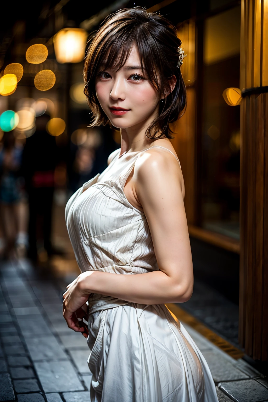 (Sweat:0.7),Light Yellow Wedding Dresses,White short skirt,Woman,Japanese,Exquisiteface, Beautiful face,Bare shoulders,Shoulders slightly exposed,Translucent skin,Black eyes,Black hair,(Photorealistic:1.4),Realistic details, High resolution,Bokeh,excellent details