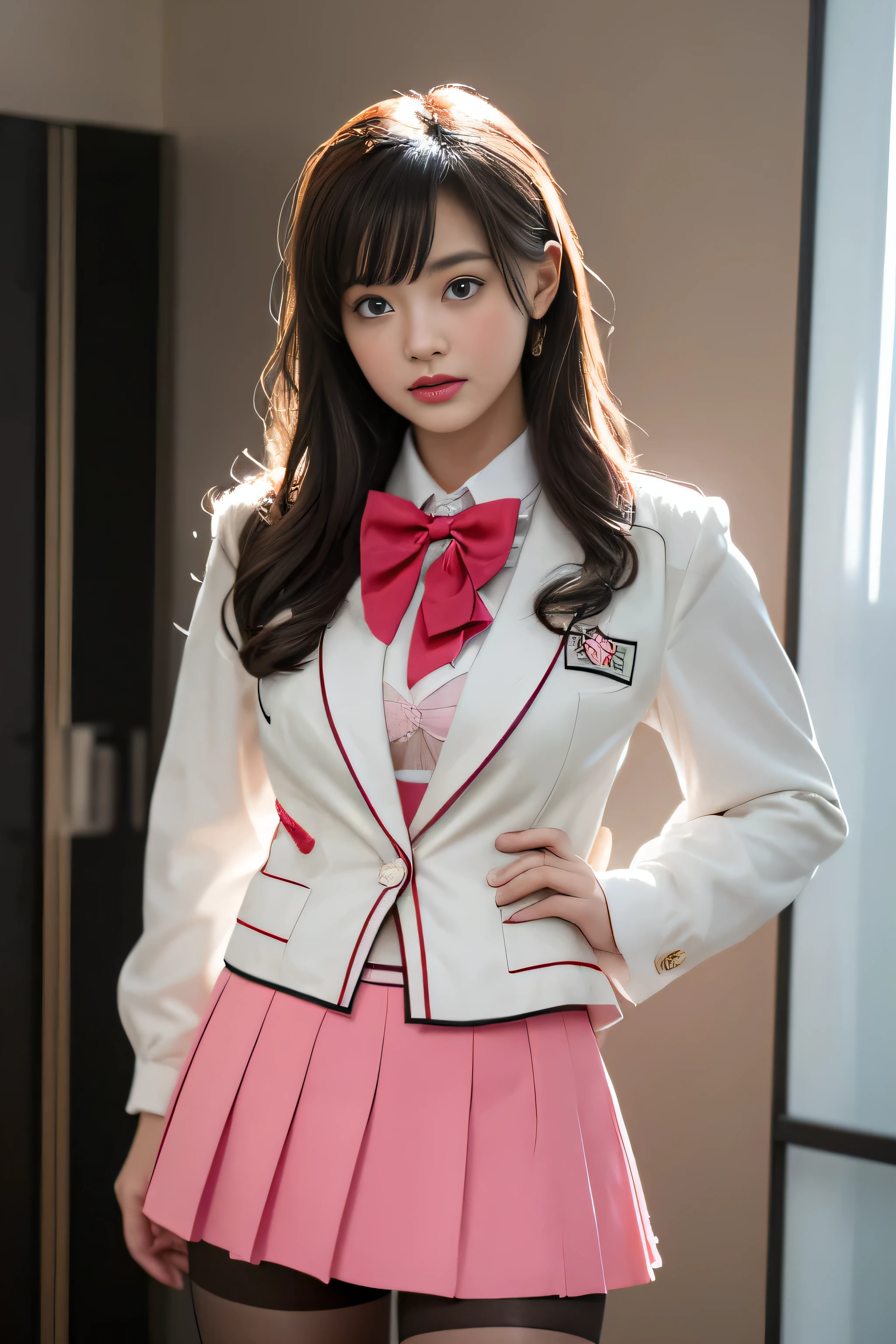 ( i&#39;me standing in a cute room)，Charming eyes，Heartwarming action，Turn your face away from the camera，stooped，Bend over，turn back，Look up at your head，thick long hair，Highly detailed body，Highly detailed face，best qualtiy、(PiNK Underwear),(High School Girls),((White Blazer、emblem on breasts))、((Translucent blouse)),((red bowtie)),((Flared skirt of check)),(Black stockings)、