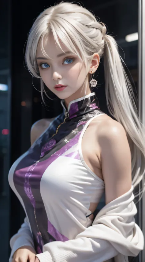 double whirlwind pattern design garment，Iris heterochromatic pupil，silver-haired girl，free high resolution,off shoulders、