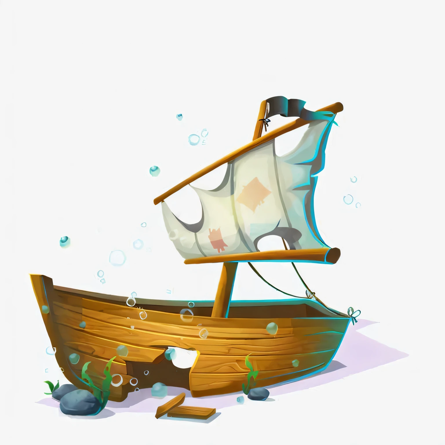 cartoon illustration of a wooden Boat with a sail and a sail, Old
