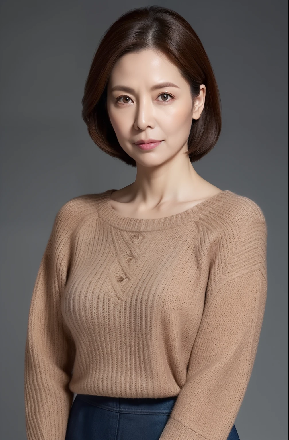 hight resolution, high-level image quality, high detailing, ​masterpiece, Textured skin, tre anatomically correct, sharp, greybackground((japanese mature, 55 years old)), 独奏, ((Wrinkles on the face)), large breasts with good shape, Straight light brown hair that reaches to the shoulders, chubby figure (((Stand upright, facing the center of the screen.))), Close your mouth and look straight ahead with a serious face, Sweaters, skirt by the, ((cowboy  shot)),