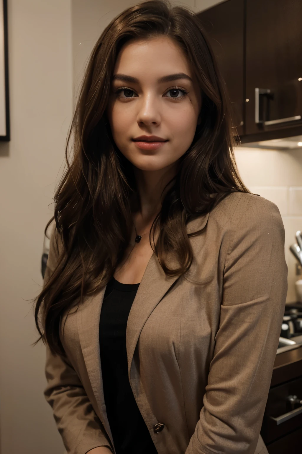 A high-resolution portrait photograph of a young woman with chestnut brown, medium-length hair styled casually. Her fair complexion has a warm undertone, flawless and naturally glowing. She wears a confident smile, her serene expression framed by deep hazel eyes with long, curled lashes coated in black mascara. Her eyebrows are neatly groomed with a natural arch. The woman's nose is slender, harmonizing with her full lips tinted in matte brick red lipstick. She is dressed in business attire, featuring a tailored blazer in a dark color, suggesting professionalism and style. The background is a modern kitchen, with sleek countertops and contemporary appliances, providing a unique contrast to her formal appearance. The lighting is soft and diffusive, reminiscent of golden hour, enhancing the contours of her face and adding depth to the photograph.