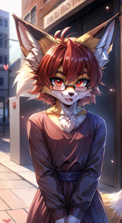 fox furry girl with short red hair, fluffy hair shy, beautiful red eyes, wearing glasses,  very  fluffy tail, small chest, bow i...