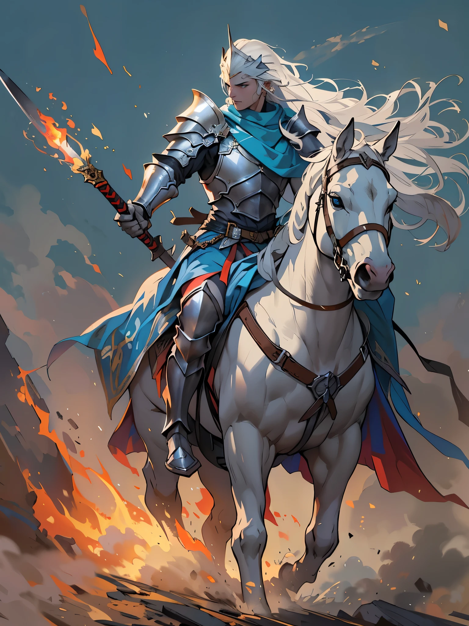 knight on horseback，Holding a flaming spear，Dressed in light armor，Elongated fingers，Carry 2 long swords，Handsome，Long gray hair，blue color eyes，The background is a plain battlefield，long distance full body photo，(((tmasterpiece))), (((Best quality at best: 1.4)))