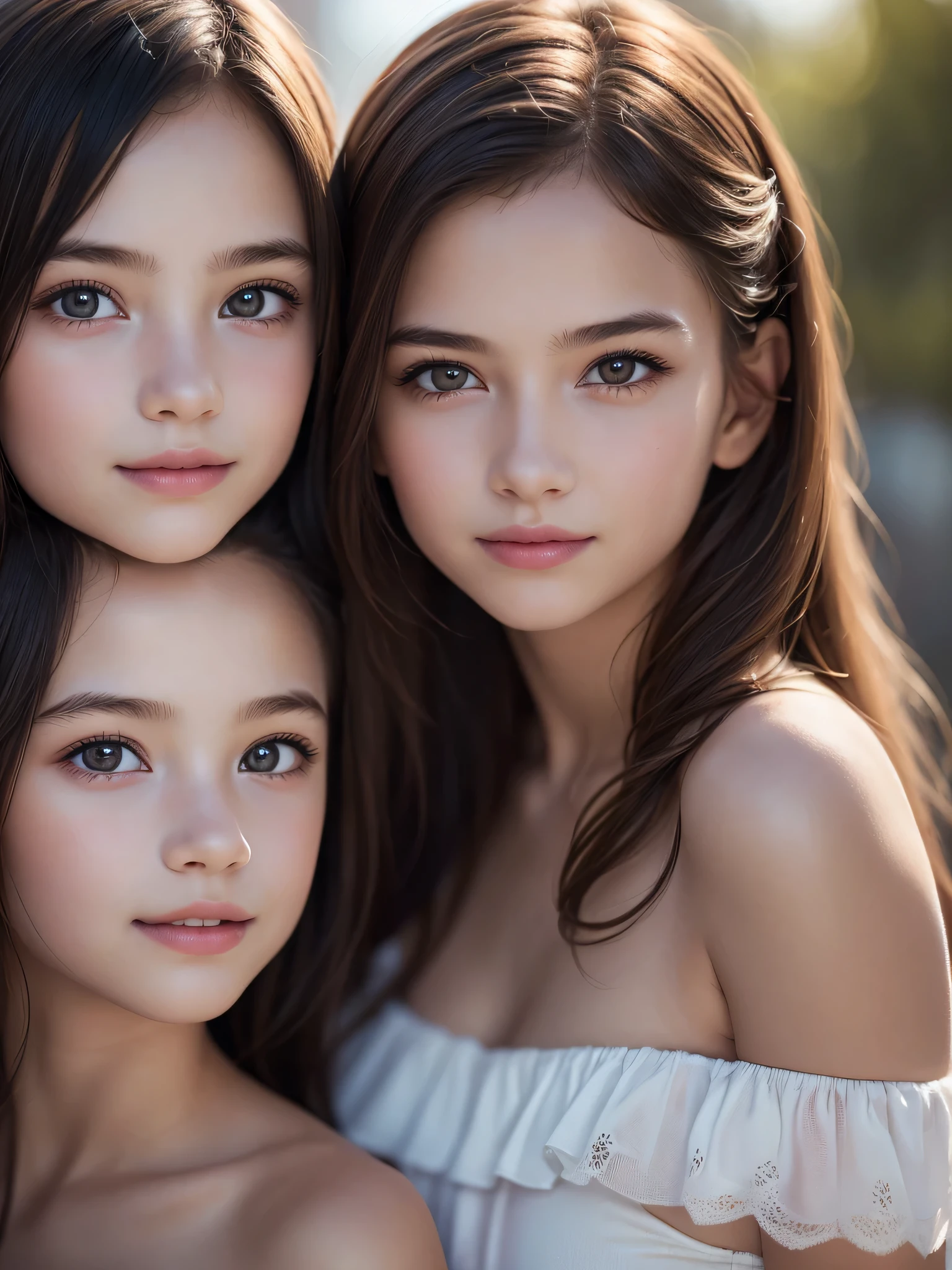 Two young girls posing for a picture with their eyes open - SeaArt AI