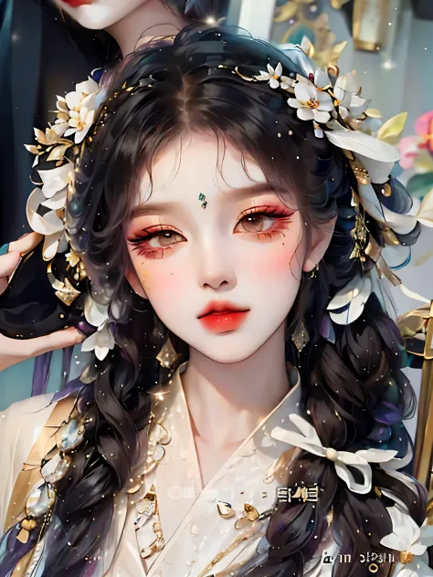 Close-up of long-haired woman wearing flower crown, Popular Korean makeup, white hanfu, Central Plains Universe, bodfin, Inspired by Huang Ji, Inspired by Luo Mu, bagel hairstyle, young and lovely Asian face, inspired by plum trees, Inspired by Du Qiong, H...