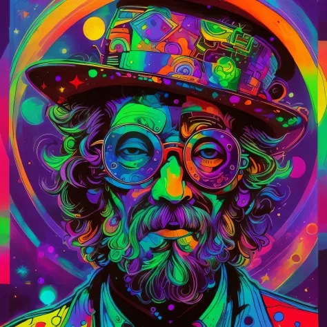 A closeup of a man with a hat and glasses, psychedelic illustration, psychedelic art style, psychedelic style, psychedelic artwo...