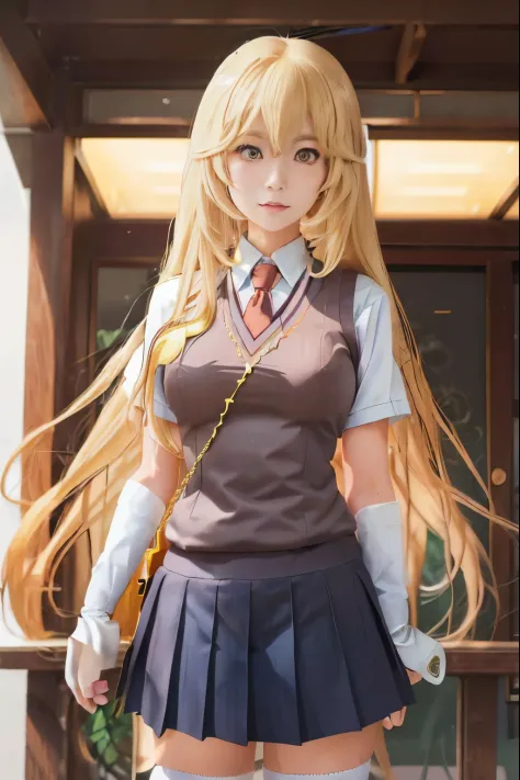 anime girl with long blonde hair and school uniform posing for picture, anime visual of a cute girl, beautiful anime high school...