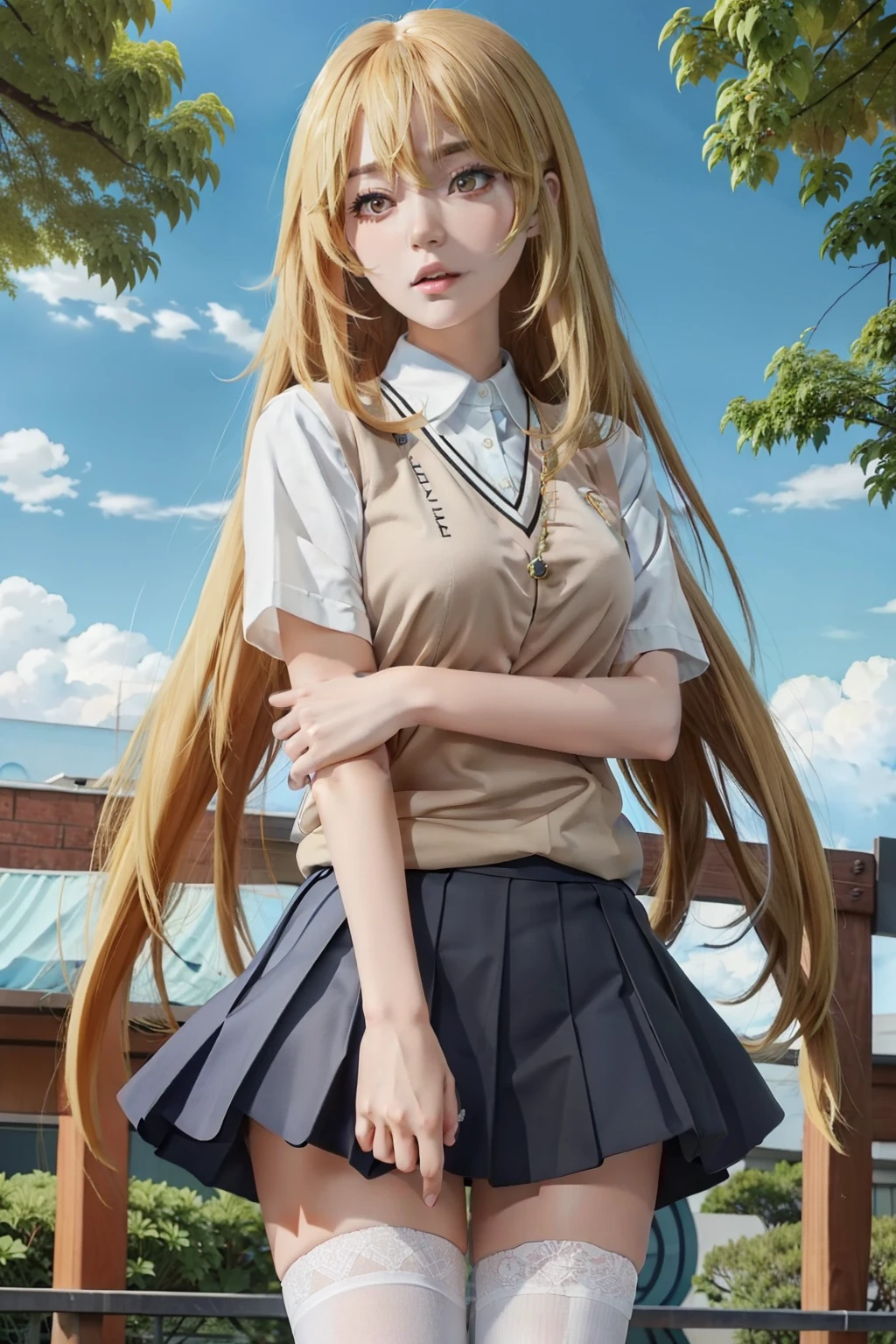 anime girl in a short skirt and a brown shirt posing for a picture, blonde anime girl with long hair, anime girl with long hair, anime visual of a cute girl, beautiful anime high school girl, smooth anime cg art, marin kitagawa fanart, (anime girl), ilya kuvshinov with long hair, young anime girl, from girls frontline，Bee-eater prayer，Long blonde hair，long whitr hair，金黄有光泽度long whitr hair，JK school uniform