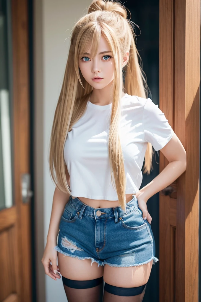 (masterpiece、best quality、extremely detailed 8k、ultra hd、ultra-detailed、highly detailed、highly realistic、photo realistic)、(beautiful realistic face、detailed realistic face)、Extraordinary sexy beauty、1girl, 19yo, blonde hair, very long hair, twintails, red ribbon, blue eyes, shy, ,akizuki airi, blonde_hair, blue eyes, twintails, very_long_hair, hair_ornament red, hair_scrunchie red, medium_breasts,akizuki airi, blonde_hair, blue eyes, twintails, very_long_hair, hair_ornament red, hair_scrunchie red, medium_breasts, She is wearing a white t-shirt, showing her collarbones, she is also wearing denim shorts, she is also wearing long black thigh-high stockings, She is at home leaning on a door, doing a dynamic pose, she is standing posing for a full body photo