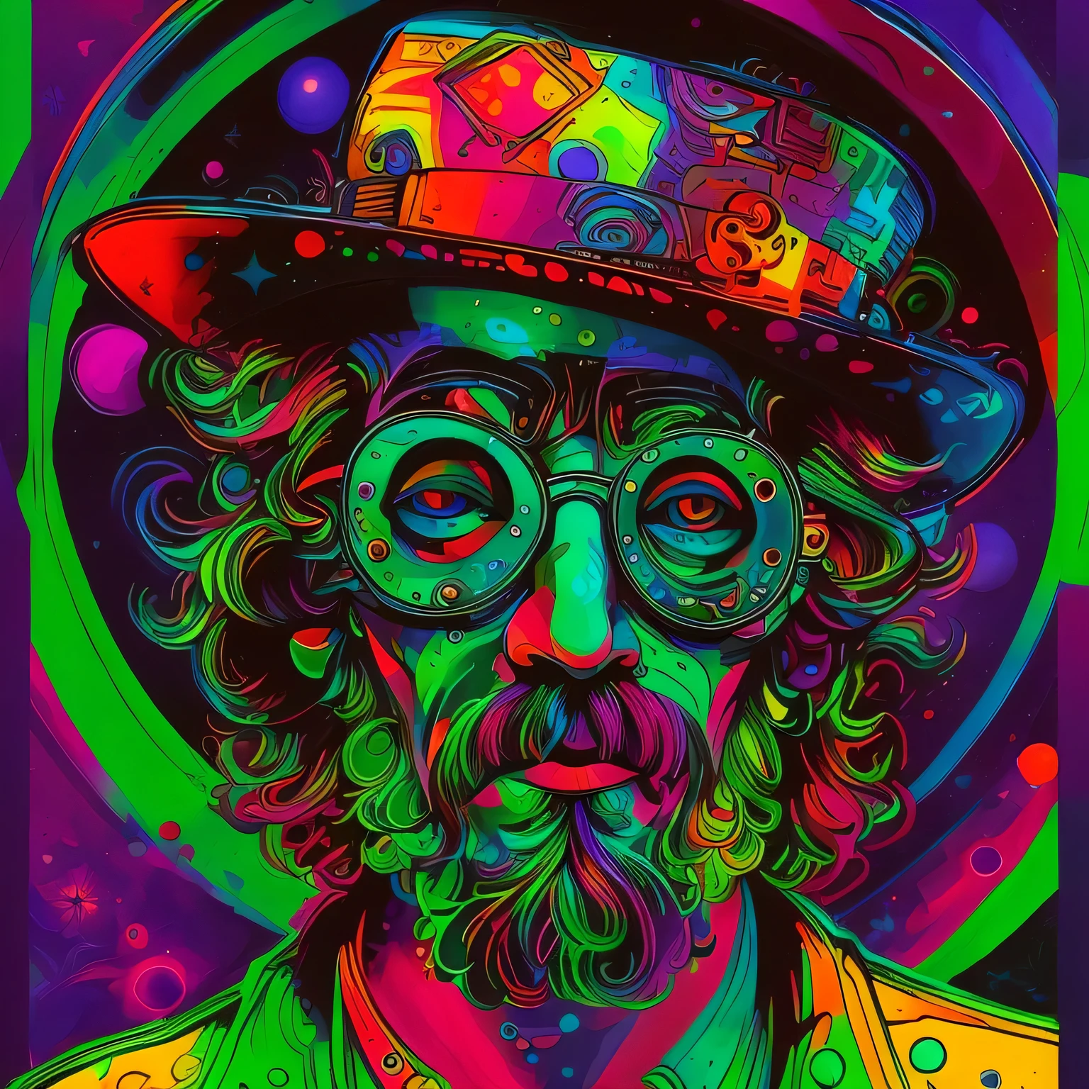 A closeup of a man with a hat and glasses, psychedelic illustration, psychedelic art style, psychedelic style, psychedelic artwork, retro psychedelic illustration, psychedelic hip-hop, psychedelic artwork, in illustration style digital, psychedelic hip hop, extremely high quality artwork, estilo de arte impressionante, arte do Adobe Illustrator, visionary art style, psychedelic acid trip, estilo de arte vetorial, Terence McKenna