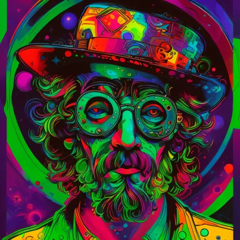 A closeup of a man with a hat and glasses, psychedelic illustration, psychedelic art style, psychedelic style, psychedelic artwo...