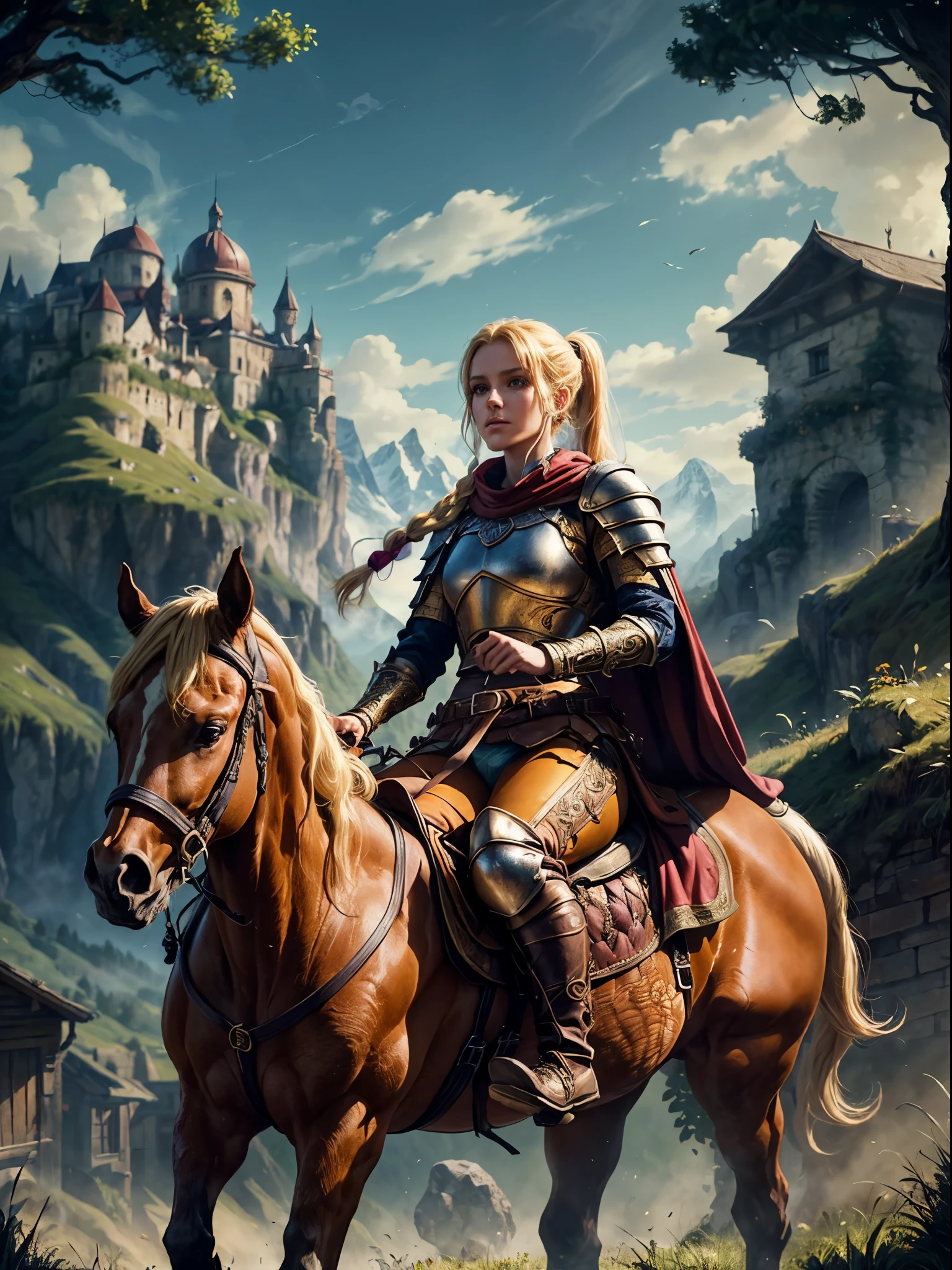 Arafed woman in armor riding a horse in front of a castle - SeaArt AI