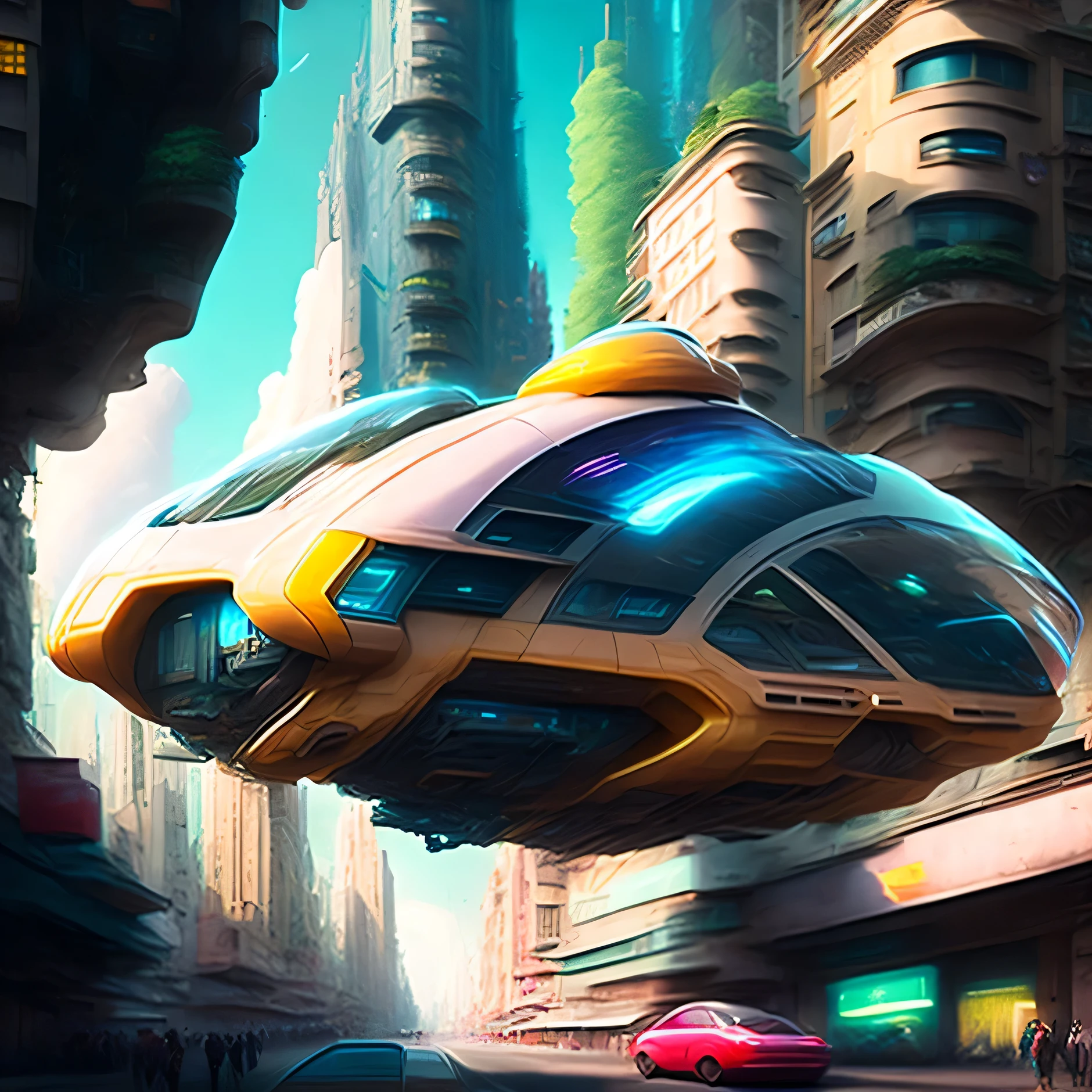 Hover Car dans la future métropole, réaliste, cinématique, cyberpunk, HOVERvoiture STYLE, voiture, en volant, air,ville, rue, THROUGH THE air, conduite, grand, bâtiment, ski-fi, villeSCAPE