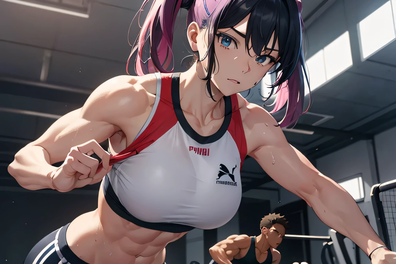 ((best quality)), ((masterpiece)), (detail), Produces a clear picture of an anime character in sportswear Puma, in a dynamic sports environment, actively engaged in sports training. This character, with her striking black hair and soft blue eyes, and her friend with striking pink hair and soft black eyes, two character has Big breasts, and six pack abs should display well-defined muscle contours and athletic prowess. Capture the essence of a particular gym workout to show the character's dedication to fitness, turn up the sweat too. Make sure the clothing accentuates your physique and the intensity of your workout. high resolution, ultrasharp, 8K, masterpiece, viewing audience