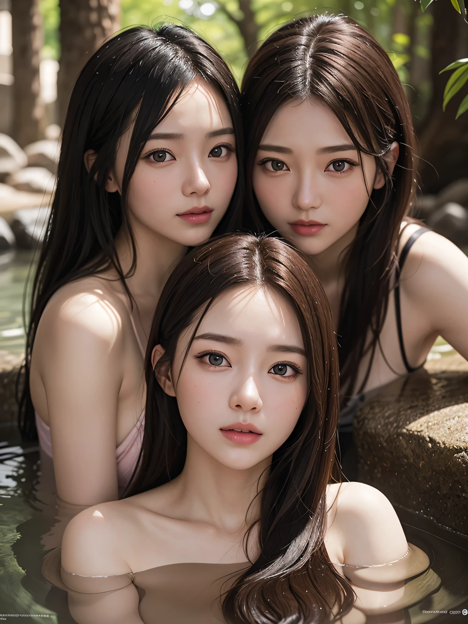 (2girls:1.3), ((Best Quality)), (Ultra-detailed), (extremely detailed CG unified 8k wallpaper), Highly detailed, High-definition raw color photos, Professional Photography, Brown hair, Amazing face and eyes, Pink eyes, (amazingly beautiful girl), hot onsen, Onsen, forest, forest bathing,