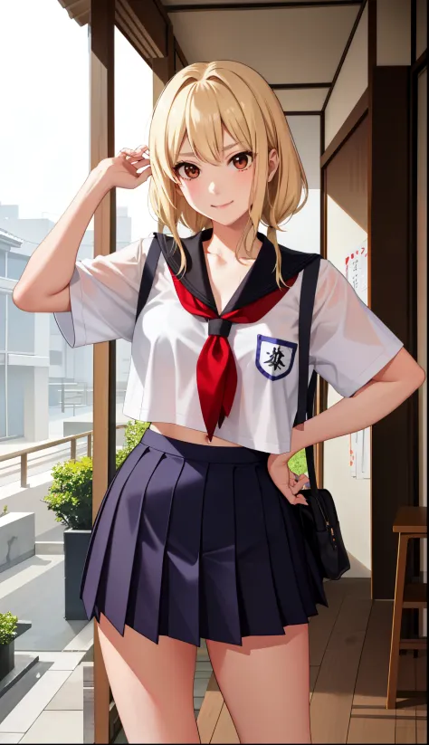 1girl in、A smile、The shirt、skirt by the、（small tits）Chilarism、Japan High School Student Uniform、serafuku、summer clothing、Squall Drenched Uniform、（Sheer Bra）、Upper body portrait、blonde  hair、Pull up your skirt and panties、Show me、