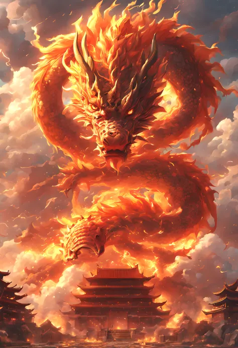 in a fantasy world, chinese traditional architecture, A fire dragon, ​​clouds, suns, Skysky, mont, raiden, (Best quality at best...