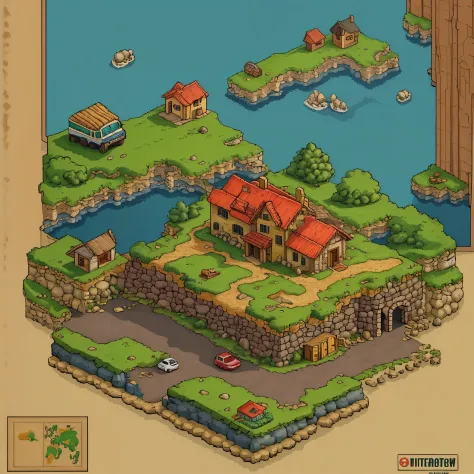 top quality, best quality, High-quality illustrations, masterpiece, mother2 map, town, load, car, pixel art, dots, Quarter View, Isometric View,