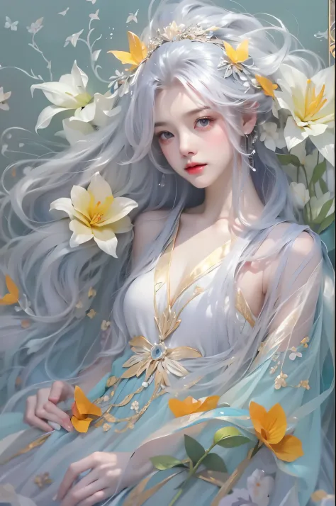 fairy dress, One hand resting on his lips、周围头发有白butterflys兰，Lilac dendrobium、orange lily、white lilies、1 girl in、fully body photo...