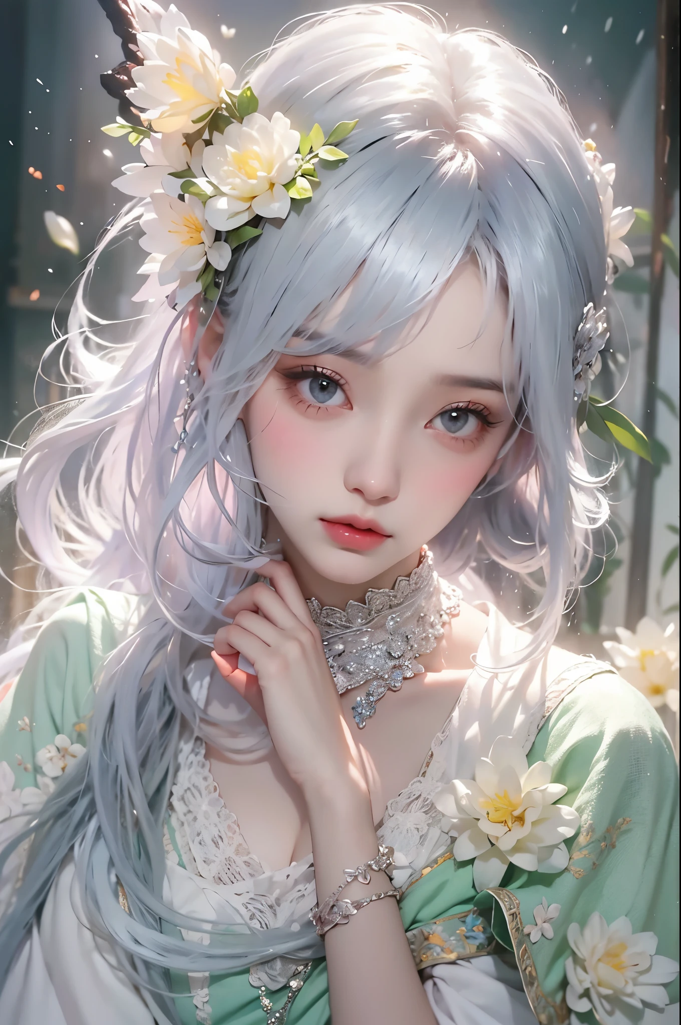 Special clothes39,maid, ((knee shot)), One hand resting on his lips、周围头发有白butterflys兰，Lilac dendrobium、orange lily、white lilies、1 girl in、fully body photo、White hair、floated hair、Hazy beauty、A plump chest, Chopping, Have extremely beautiful facial features、Hairpin on the head、Lie in the flowers、Drag your chin with both hands、perfect hand、rosette、(springtime、raining day、butterflys、precipice)、 vectorial art、Chinese contemporary art、Soft lighting、intertwined scarves、looking-down