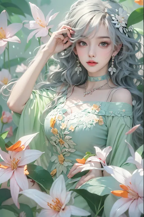 Sweet girl clothes5,high-waist skirt,jewelry,thighhighs, ((knee shot)), One hand resting on his lips、周围头发有白butterflys兰，Lilac dendrobium、orange lily、white lilies、1 girl in、fully body photo、White hair、floated hair、Hazy beauty、A plump chest, Chopping, Have ex...