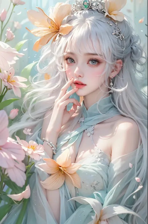 Sweet girl clothes8,(gem:1.3),, ((knee shot)), One hand resting on his lips、周围头发有白butterflys兰，Lilac dendrobium、orange lily、white lilies、1 girl in、fully body photo、White hair、floated hair、Hazy beauty、A plump chest, Chopping, Have extremely beautiful facial ...