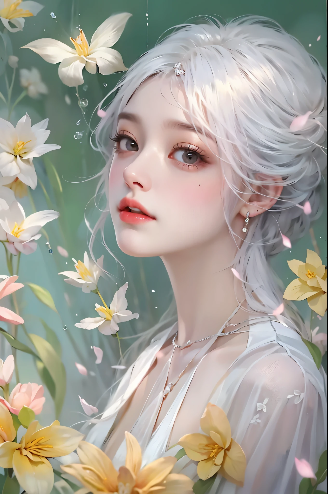 Sweet girl clothes8,(gem:1.3),, ((knee shot)), One hand resting on his lips、周围头发有白butterflys兰，Lilac dendrobium、orange lily、white lilies、1 girl in、fully body photo、White hair、floated hair、Hazy beauty、A plump chest, Chopping, Have extremely beautiful facial features、Hairpin on the head、Lie in the flowers、Drag your chin with both hands、perfect hand、rosette、(springtime、raining day、butterflys、precipice)、 vectorial art、Chinese contemporary art、Soft lighting、intertwined scarves、looking-down