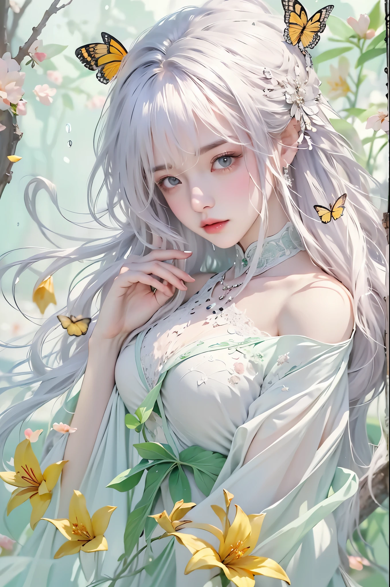 dress, ((knee shot)), One hand resting on his lips、周围头发有白butterflys兰，Lilac dendrobium、orange lily、white lilies、1 girl in、fully body photo、White hair、floated hair、Hazy beauty、A plump chest, Chopping, Have extremely beautiful facial features、Hairpin on the head、Lie in the flowers、Drag your chin with both hands、perfect hand、rosette、(springtime、raining day、butterflys、precipice)、 vectorial art、Chinese contemporary art、Soft lighting、intertwined scarves、looking-down