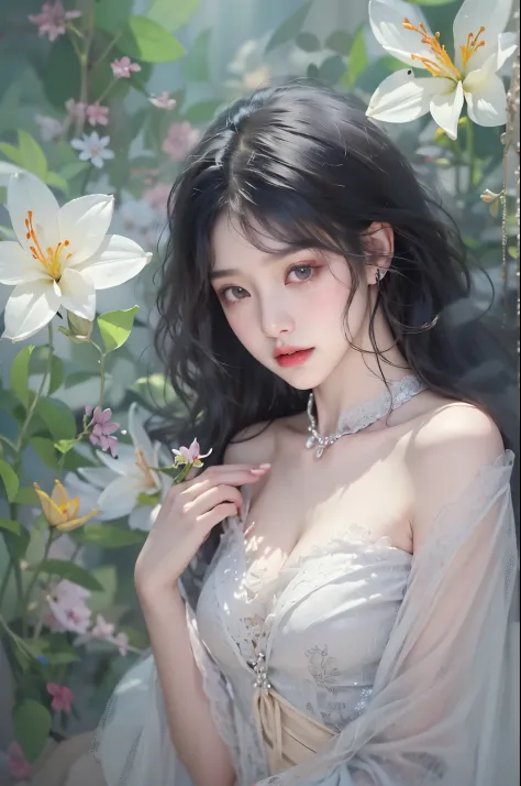 lace dress1, ((knee shot)), of a real、realisticlying、real photograph、One hand resting on his lips、周围头发有白butterflys兰，Lilac dendrobium、orange lily、white lilies、1 girl in、fully body photo、White hair、floated hair、Hazy beauty、A plump chest, Chopping, Have extre...