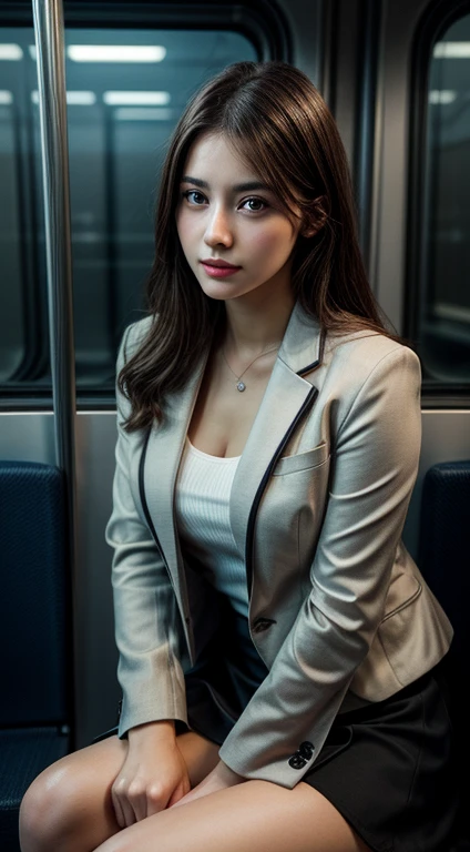 Top Quality, Masterpiece, 1 Girl, Beautiful Face, (Photorealistic Photos:1.3), Rim Lighting, (High Detail Skin:1.2), 8K UHD, DSLR, High Quality, High Definition, 4K, 8K, Bokeh, (Real: 1.3), Black Formal Blazer, Middle Breast, Short Skirt,Office, sitting on train seat