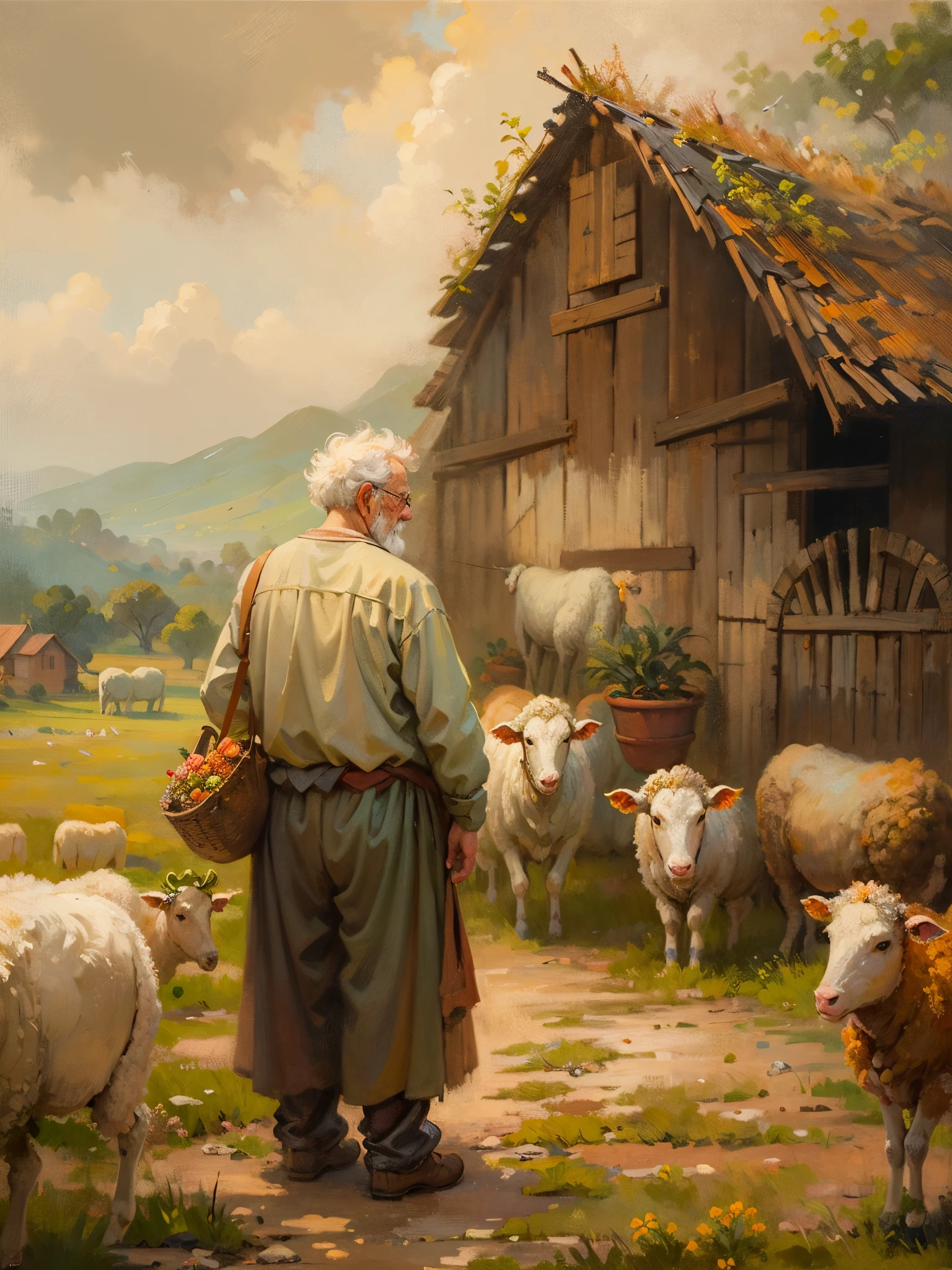 an oil painting，da vinci art style。old man on the farm, messy  hair，Cows and sheep in the distance，Guviz style artwork,，Artistic creativity:1.37,Sweet，Wonderful and magical，Exquisite，Natural soft light，Good life