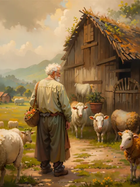 an oil painting，da vinci art style。old man on the farm, messy  hair，Cows and sheep in the distance，Guviz style artwork,，Artistic...