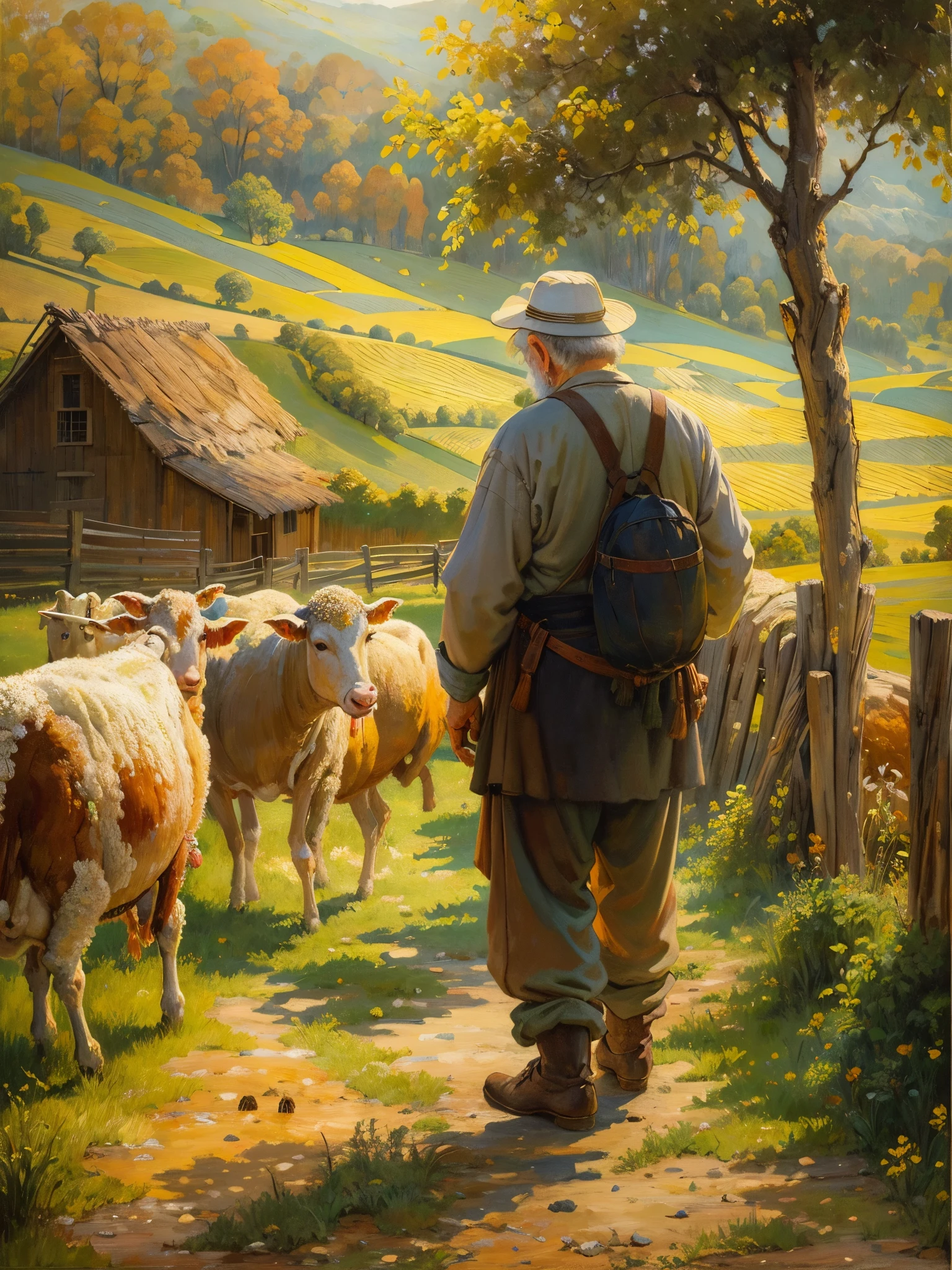 an oil painting，da vinci art style。old man on the farm, back shadow，Cows and sheep in the distance，Guviz style artwork,，Artistic creativity:1.37,Sweet，Wonderful and magical，Exquisite，Natural soft light，Good life