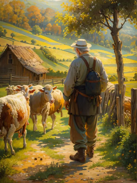 an oil painting，da vinci art style。old man on the farm, back shadow，Cows and sheep in the distance，Guviz style artwork,，Artistic...