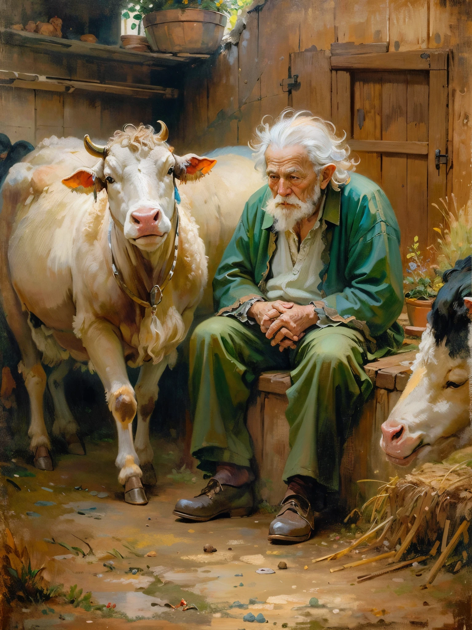 an oil painting，da vinci art style。old man on the farm, messy  hair，Cows and sheep in the distance，Guviz-style artwork,，Artistic creativity:1.37,Sweet，Wonderful and magical，Exquisite，Natural soft light，Good life