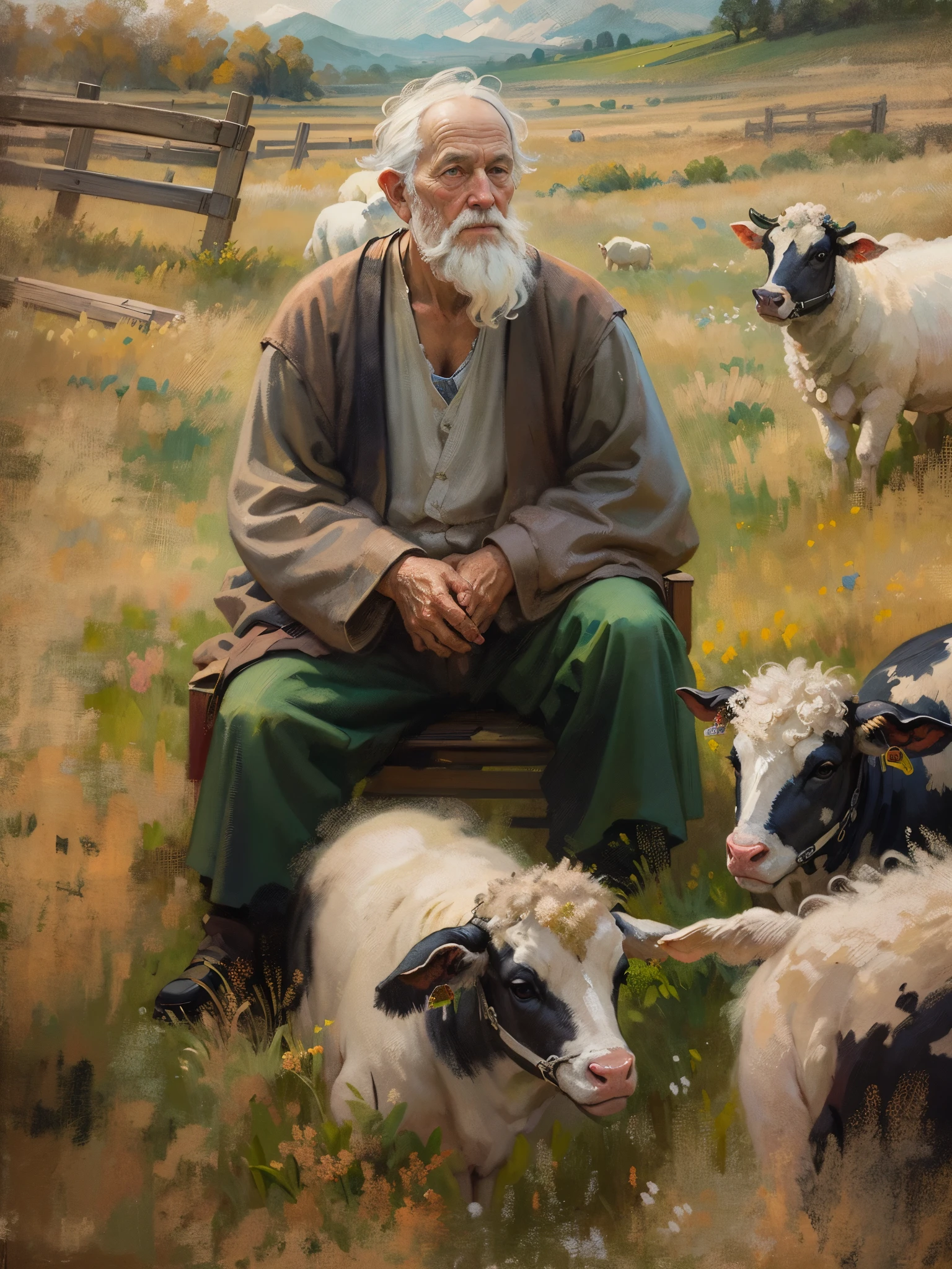 an oil painting，da vinci art style。old man in the pasture, messy  hair，Cows and sheep in the distance，Guviz style artwork,，Artistic creativity:1.37,Sweet，Wonderful and magical，Exquisite，Natural soft light， eyes，