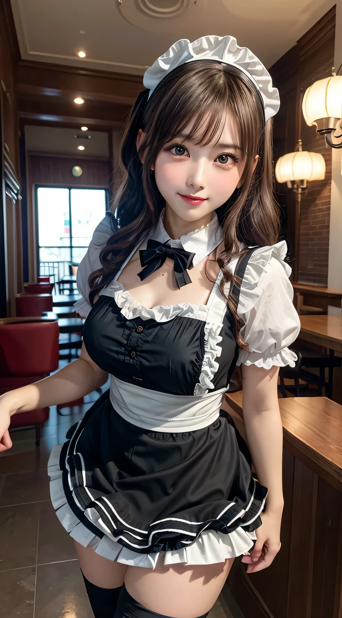 (1young girlrown hair, Amazing face and eyes, Pink eyes, seducting smile, (Maid café costume with frills, Pleated mini-skirt:1.5), (Wide open maid cafe costume:1.2), bared  chest, (amazingly beautiful girl), Brown hair, Stylish hair ornamen Quality:1.4), (Ultra-detailed), (extremely detailed CG unified 8k wallpaper), Highly detailed, High-definition raw color photos, Professional Photography, depth of fields, (View from below),