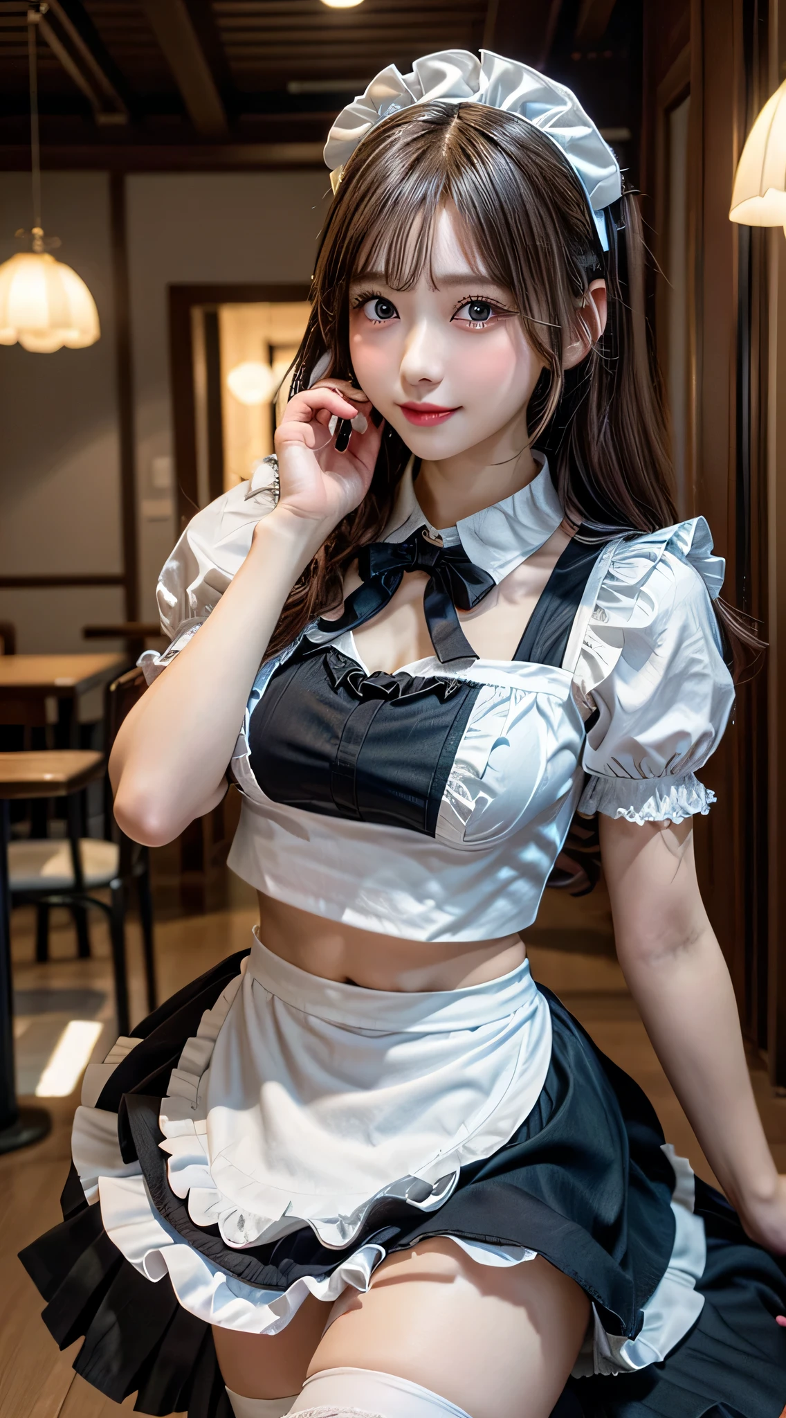 (1young girlrown hair, Amazing face and eyes, Pink eyes, seducting smile, (Maid café costume with frills, Pleated mini-skirt:1.5), (Wide open maid cafe costume:1.2), bared  chest, (amazingly beautiful girl), Brown hair, Stylish hair ornamen Quality:1.4), (Ultra-detailed), (extremely detailed CG unified 8k wallpaper), Highly detailed, High-definition raw color photos, Professional Photography, depth of fields, (View from below),