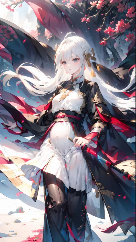 Golden hairpin, white ash hair, black shirt, white skirt, (black cloak:1.2), pale face, sweating, heavy breath, blushing, pregnancy  dresest quality:1.2), ultra-detailed,realistic ,portraits, vivid colors, soft lighting, interesting PoV, stocking, straight...