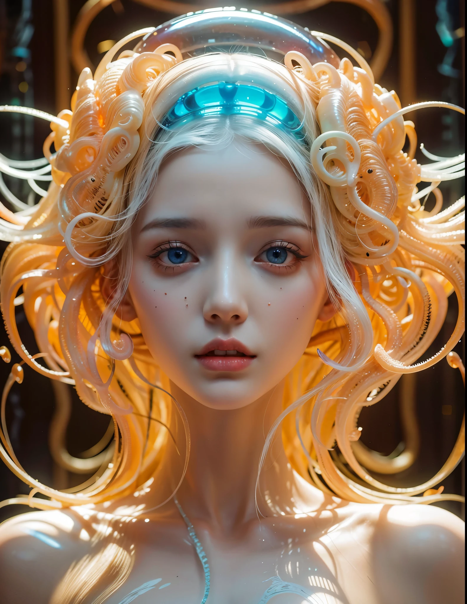 Beautiful girl with the head of a deep sea creature., jellyfish, squid, Portrait of a female man, (Realistic face details), intricate detailed, very high details, photo-hyper-realistic, 8k, UHD, hyperdetailed, (Dynamic Poses:1.4),