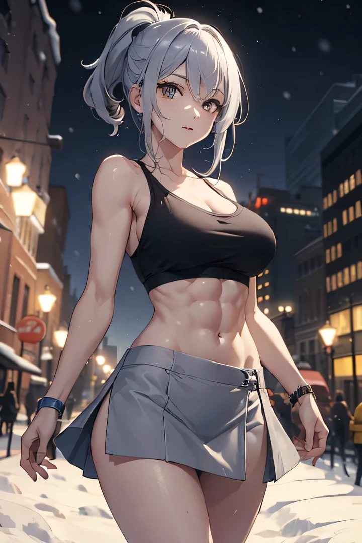 ((top quality)), ((masterpiece)), (detail), Illustrate the charming mid-trip scene of an anime woman in the middle of the night of a snowy city, wearing a stylish tank top and short skirt, having flashy gray hair and stunning gray eyes, exuding confidence and toughness. showing a Big  and athletic body, six pack abs. Set the scene in the heart of a snow-covered city, capturing the atmosphere of a serene winter evening. Enhance the atmosphere with the glow of city lights reflected on the snowy streets, and add an extra layer of magic with bursts of fireworks in the night sky.. high resolution, ultrasharp, 8K, masterpiece, viewing audience