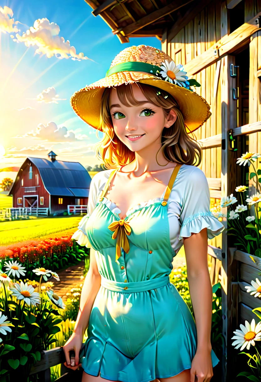 (((Farm life)))，bright flowers，Daisieields in full bloom，((1 beautiful girl in a straw hat milking cowarm house，fences，dairy cattle，celeiro，blue open sky，Country farm cabin，tranquil ambiance，fall season，cute big breasts