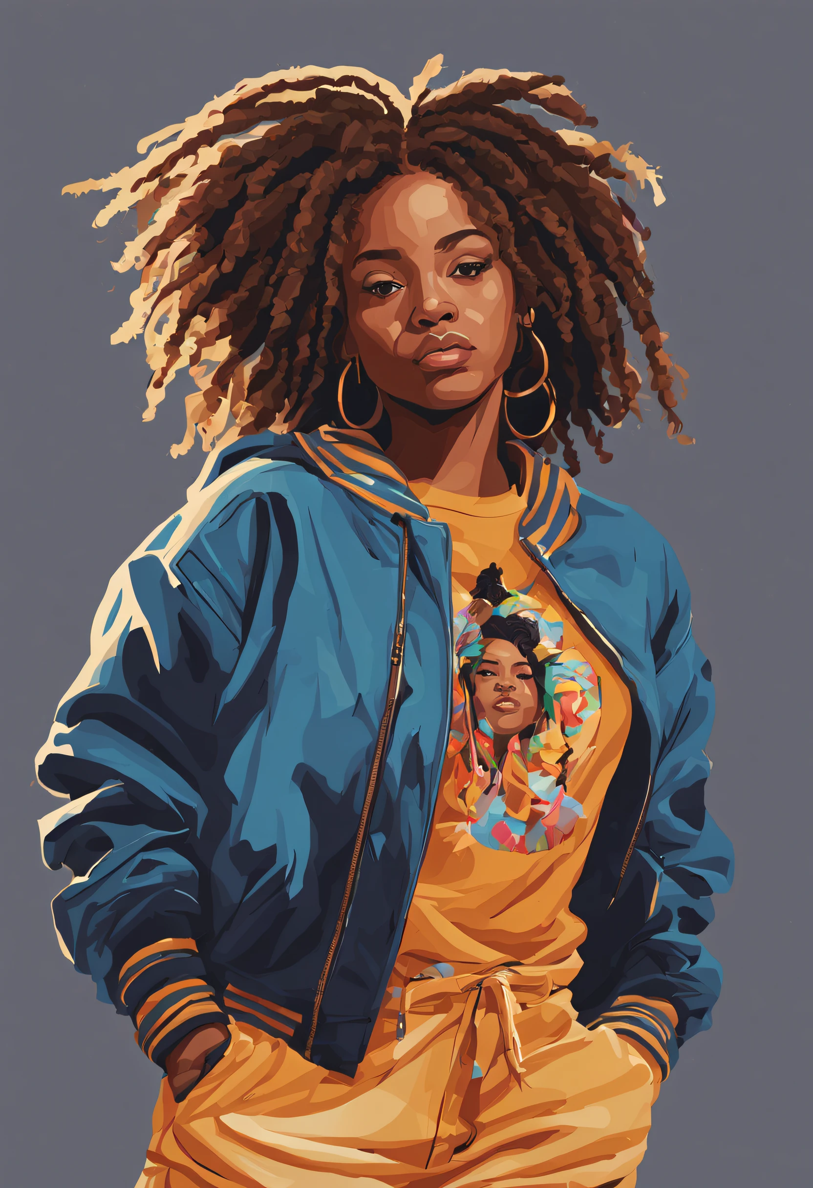 Vector illustration of a portrait of a young African American woman in her late teens or early twenties, showcasing a dynamic and expressive hip-hop style. Her loc'd hair reflects her bold personality. She should have a lively and confident expression, highlighting her individuality. Her attire, hip-hop inspired, should be vibrant and full of character, complementing her hair style. The illustration should capture the essence of youthful energy and bold self-expression.